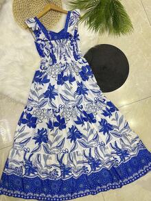 Long Dress PRINTED With Lining With Cup In Beautiful, Fashionable CREPINHO Fabric - Medium Wash - View 2