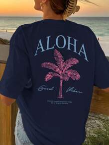 Damen Frühlings- und Sommer Neu Palm-Baum Slogan Muster Tägliches lässiges Rundhals Kurzarm T-Shirt, modischer Urlaubsstil, Ihr tägliches Must-Have. Grafik-T-Shirts Damen Weiß Schwarz Rosa Urlaubsoutfits Damen