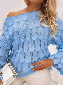 Spring & Autumn Plain Color Elegant Casual Minimalist Versatile Round Neck Hollow Out Loose Long Sleeve Knitted Sweater, Plus Size