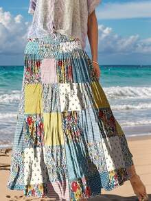 女士花卉印花波西米亚风荷叶边 A 字形半身裙，修身腰裙，适合海滩度假、音乐节、独立日