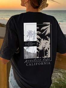 Women's Summer New Simple Slogan Print Casual Vacation Loose Fit Round Neck Apricot Short Sleeve T-Shirt, Fashionable Everyday Top, Suitable For Daily And Vacation Wear - Black - View 8