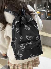 1 件蝴蝶印花大容量时尚女士背包，经典学生挎包多口袋休闲通勤