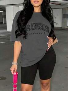 PLAYERA DE DAMA CON ESTAMPADO DE LOS ANGELES CAL VECTOR PARA GYM O CASUAL - Gris Oscuro - Ver 3