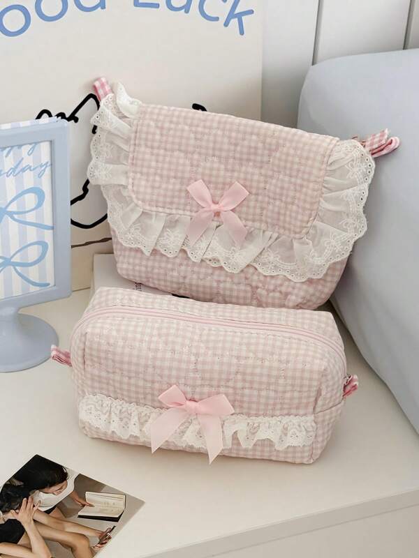 Blue And Pink Checkered Sweetheart Messenger Bag Storage Bag Lace Edge Bow Soft Cloth Sweet Home Travel Large Capacity Portable Wash Bag Detachable Belt Universal Women's Bag, Cute Bow Bag For Women