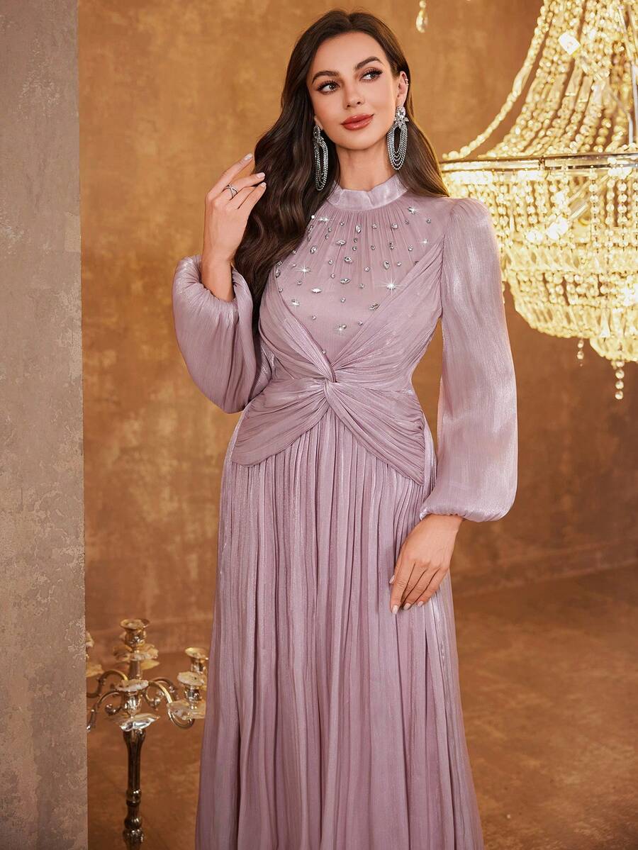 女士立领扭腰串珠亮片装饰优雅长灯笼袖连衣裙，适合婚礼、春季派对等场合 - 藕粉色 - 查看 1