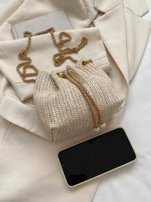 Mini Fashionable Straw Woven Golden Chain Drawstring Bucket Bag, Beach Bag, Vacation Bag For SummerSuitable For Shopping, Wallet, Shopping, Young Women, College Students, Newcomers, White-Collar Workers. Very Suitable For Office, College, Work, Business, Commuting, Outdoor Activities, Travel And Outings