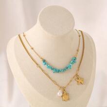 Fashion Creative Dual Layer Turtle & Starfish Blue Crystal Faux Pearl Stainless Steel Chain Necklace