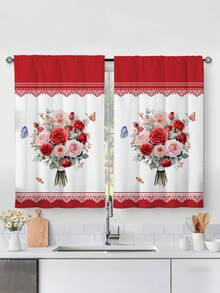 2 chiếc rèm cửa ngắn hình bó hoa hồng đỏ, rèm không có lỗ, tham khảo trang trí phòng ngủ, phòng làm việc, phòng bếp, phòng khách, phòng học - Nhiều màu - Xem 4