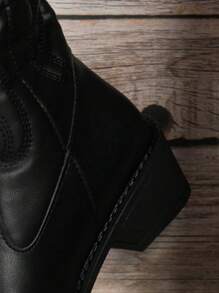 Women's Chunky Western Boots, Embroidered Pointed Toe V-Cut Cowgirl Boots, Versatile Mid Calf Boots