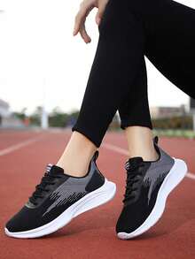 女士秋冬休闲运动鞋，透气网面轻便网球健身鞋，时尚百搭，适合日常穿着 - 黑色 - 查看 3