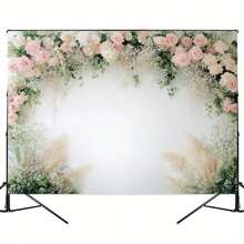 1 pièce Toile de fond photographique florale, bannière en tissu polyester avec des fleurs roses et blanches, sans alimentation électrique - idéal pour les mariages, les baby-showers, les anniversaires, la première communion et les célébrations en général - décor polyvalent pour la table de gâteau et la cabine photo