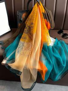 1pc Women Lightweight Green Chiffon Scarf/Shawl, Versatile For Spring Autumn, Travel, Sunscreen, Fashion Accessory - Blue - View 5