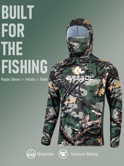 Camisa de pesca con capucha de alto rendimiento para hombres con cuello incorporado, tela suave y transpirable, diseño de camuflaje y protección UV