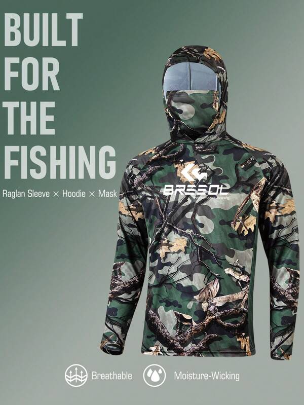 Men's High Performance Hooded Fishing Shirt With Built-In Gaiter Soft And Breathable Fabric Camouflage Design UV Protection Fishing Wear