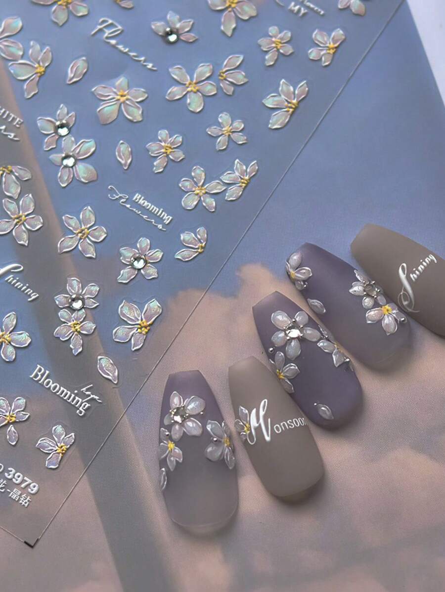 1pc Iridescent Diamond - Floral Nail Stickers , Self - Adhesive, Blooming Flower & Crystal Designs For An Elegant Manicure, Disposable, DIY Nail Decor For Women And Girls,Ideal For Party Nails,