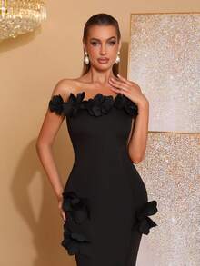 Modisches 3D Blumen Off-Shoulder rückenfreies Bodycon-Kleid, schwarz, neues Design, geeignet für Brautjungfer, Party, Hochzeit, Abendgarderobe