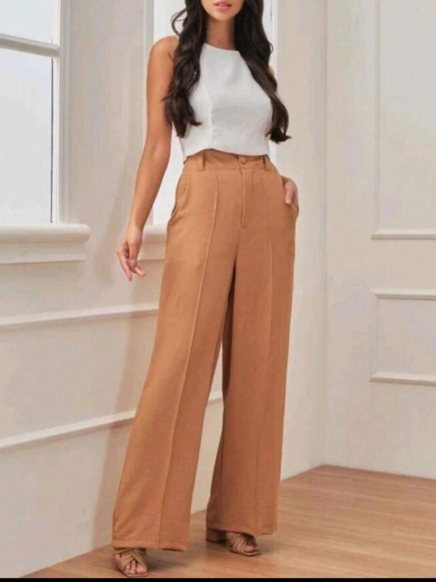 SUNNY FASHION Women's Crepe Duna Pantaloons Trousers - 卡其色 - 查看 1