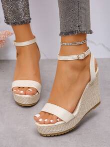 1 双女式新款厚底坡跟凉鞋，黑色，性感高跟露趾轻便防滑时尚系带凉鞋 - 米色 - 查看 4