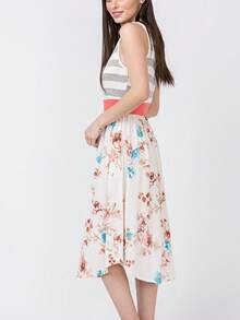 Boho Vintage Magenta Ivory Coral Pink Yellow Stripe  Band Trim Midi  Swing Southern Dress | Small-3 XL Plus - Hồng nhạt - Xem 2
