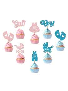 12/24 Stücke Geschlechts-Enthüllungs-Party Cupcake Topper Dekorationen, beinhaltet blaue & rosa Ratel, Schleife Picker