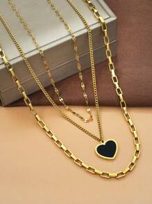 Ensemble de collier de pendentif à cœur noir superposé à multiples couches en acier inoxydable plaqué or 18k pour femmes, avec boucles d'oreilles, idéal pour l'anniversaire, la fête des mères, la Saint-Valentin, les rencontres, la fête dansante, les vacances de Bohême et la saison des mariages (3 pièces).
