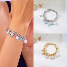 1 件夏季海滩休闲风格时尚度假蓝尾贝壳海星珍珠吊坠手链，适合日常使用、旅行、度假、派对、佩戴、海滩、海洋多元素吊坠，夏季穿着必备手链。 - 彩色 - 查看 3