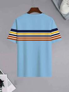 条纹男士户外健身运动上衣，3D印花速干面料，休闲通勤商务男装夏季款 - 藍色 - 查看 4