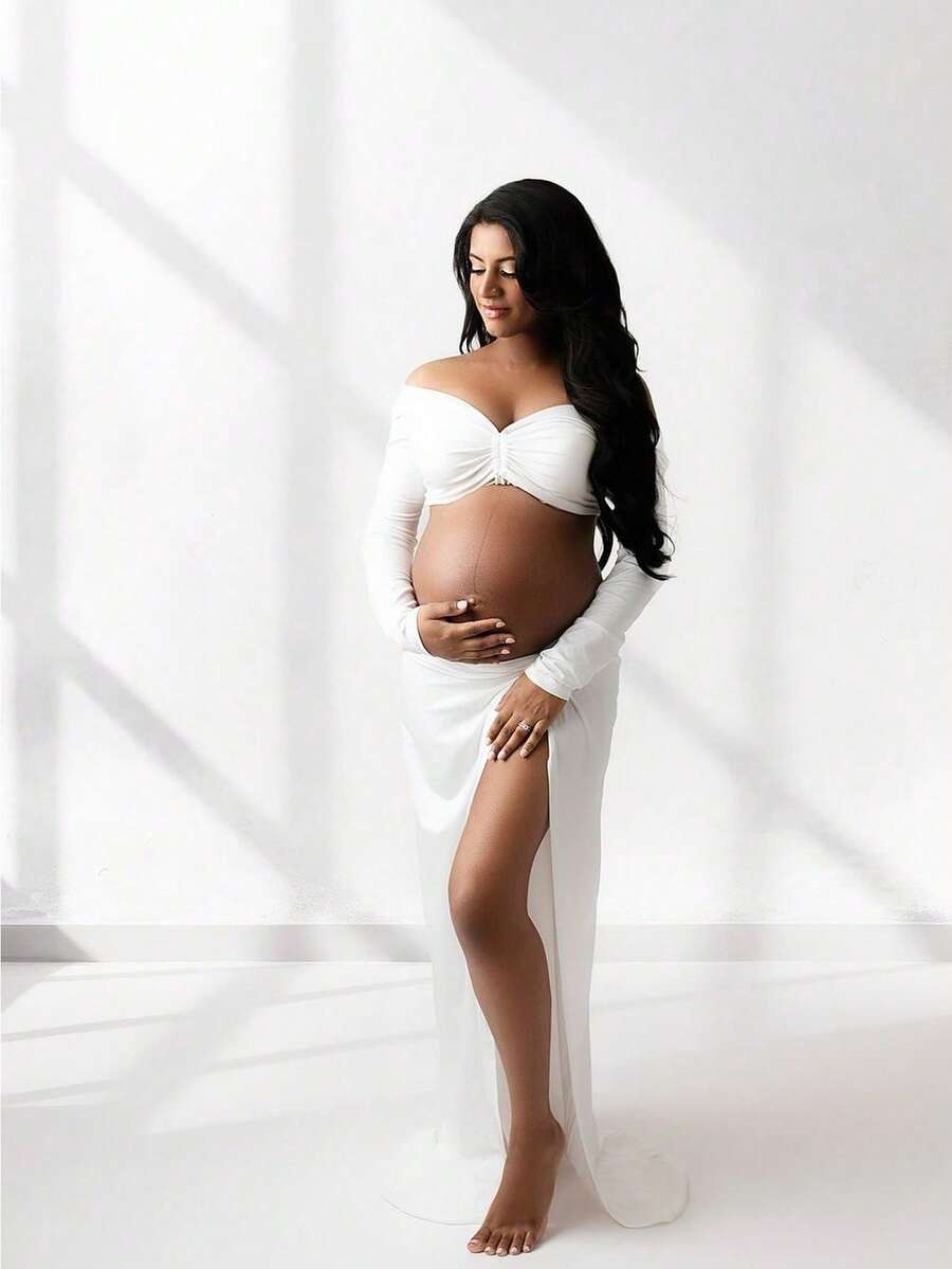 2pcs Maternity Set: V-Neck Backless Tie-Up Crop Top And Twist Knot Slit Maxi Skirt, Suitable For Baby Shower, Photo Shoot And Other Occasions - White - View 1