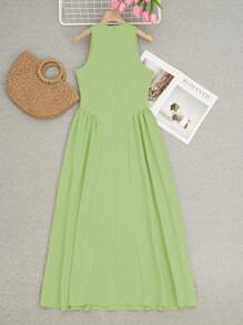 2025 纽扣腰合身连衣裙，春夏女式法式长裙，复古，简约，法式，适合办公室，约会，通勤，教师装，优雅休闲 - 綠色 - 查看 4
