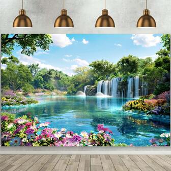 1 件翠绿自然景观森林河流背景，适合派对、婚礼、生日、节日，采用耐用涤纶面料制成，适合室内外使用