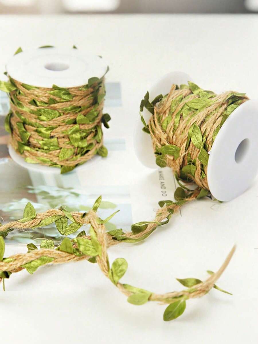10M/5M Green Leaf Vine Ribbon Simulated Green Plants, Burlap Leaf Ribbon, Artificial Green Leaf Woven Vine Decoration, Suitable For Jungle Adventure Party, Home Decoration, Birthday, Wedding, Garden Decoration, Home Decoration, Hallway Decoration, Staircase Decoration - Green - View 1