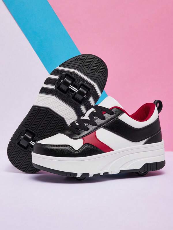 1 Par de Zapatos deportivos casuales de hombre con mezcla de colores contrastantes, de tela, parches, para patines en línea, de suela gruesa, versátiles y con estilo deportivo, zapatos deportivos de moda para todas las estaciones
