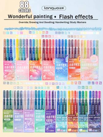 Languo 88 Colors/40 Colors Burst Flash Color Neutral Pen Set Jumbo Capacity Metallic Glitter Gel Pens, Flash Special Effects Highly Attractively Drawing Handbook Pen Highlighter 1mm, Elementary School Students Art Drawing Special Diy Drawing Book Can Be Stacked Color Impermeable Paper High Capacity Highlighter Highlighter Gel-Pen Hand Drawing Pen Can Be Used For Student Marking