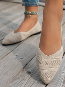 女士时尚尖头针织平底鞋，纯色休闲一脚蹬百搭乐福鞋