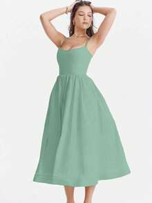 Sleeveless U-Neck Pleated Waist Flowy Midi Dress - Green - View 6
