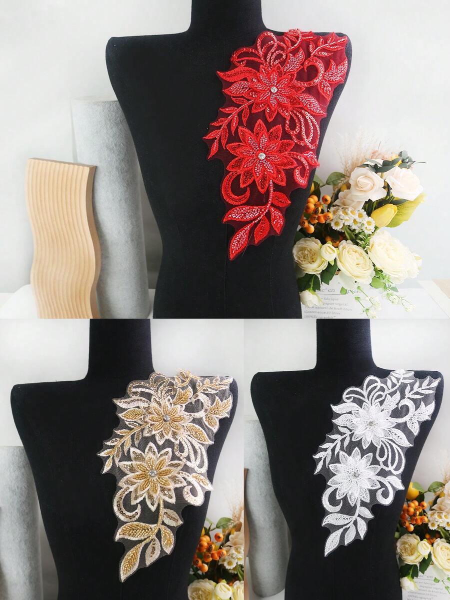 Colorful Options Mesh Embroidery Rhinestone Crystal Beaded 3D Flower Applique DIY Garment Accessories, For Wedding Dress Decorations