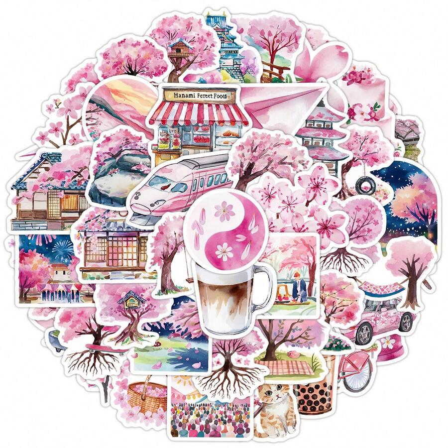 50 件樱花贴纸乙烯基美学贴纸剪贴簿、日记、保险杠、滑板、水瓶、卡通、安全帽、汽车贴纸和贴花 - 彩色 - 查看 1