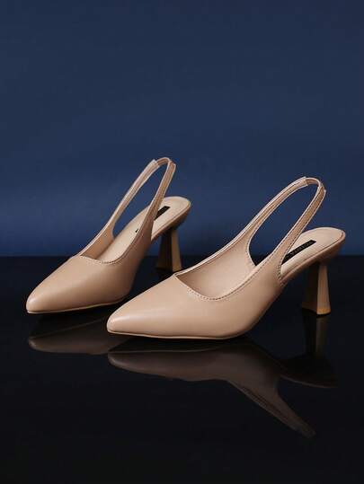 1 par de sandalias de tacón alto de punta afilada color albaricoque para adolescentes, de material de piel sintética (PU) de unicolor con parches, con correa elástica en el tobillo, tacón de aguja, sandalias de moda de lujo adecuadas para uso diario, viajes, fiestas, trabajo, nuevas llegadas de verano