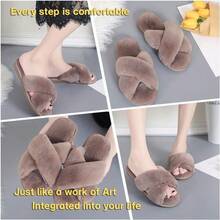Local Delivery--LZLER Women's Cross Band Slippers, Soft Plush Fleece Lightweight Non Slip Open Toe Flip Flop Shoes House Indoor Outdoor Fur Fuzzy Slippers - Coffee - 查看 4