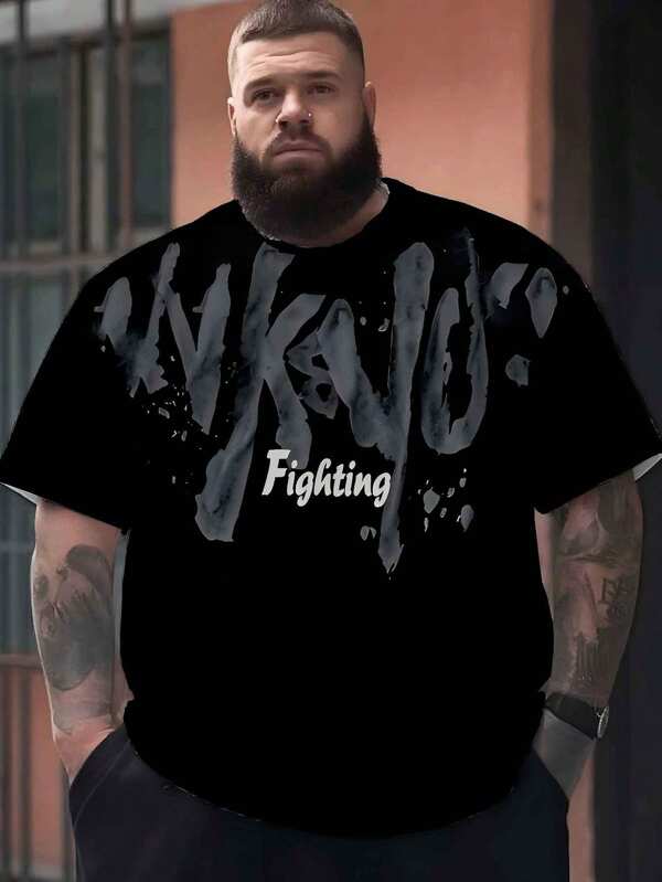 Camiseta casual gris con estampado único de rayas y letras, camiseta de estilo callejero para deportes al aire libre y entrenamiento para hombres, transpirable y de secado rápido