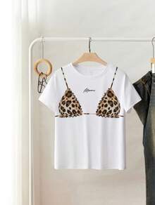 Camiseta minimalista estampada de cuello redondo y manga corta para mujer, usar todos los días de forma casual - Blanco - Ver 2