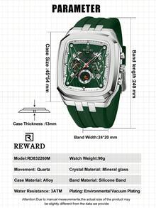 REWARD 男士石英表商务时尚计时日历夜光指针多功能男士腕表高品质礼物经典设计硅胶表带 - 綠色 - 查看 8