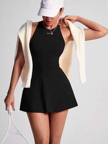 TCVC Women's Crisscross Back Racerback Bodycon Sports Dress, Solid Color, Round Neck, Tennis Dress For Indoor & Outdoor Sports, Yoga, Skin-Friendly Fabric, Slimming Silhouette - 黑色 - 查看 3