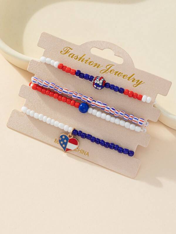 4 pièces Bracelet pour le Jour de l'Indépendance des États-Unis, bijoux de perles rouges, blanches et bleues, l'ensemble multifonctions convient pour les tenues de fête nationale
