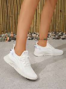 4-Season New Knit Mesh Breathable Lace-Up Casual Sneakers, Comfortable Elastic Soft Sole Outdoor Running Shoes, Walking Shoes, Commuting Shoes, Fitness Shoes - White - View 2