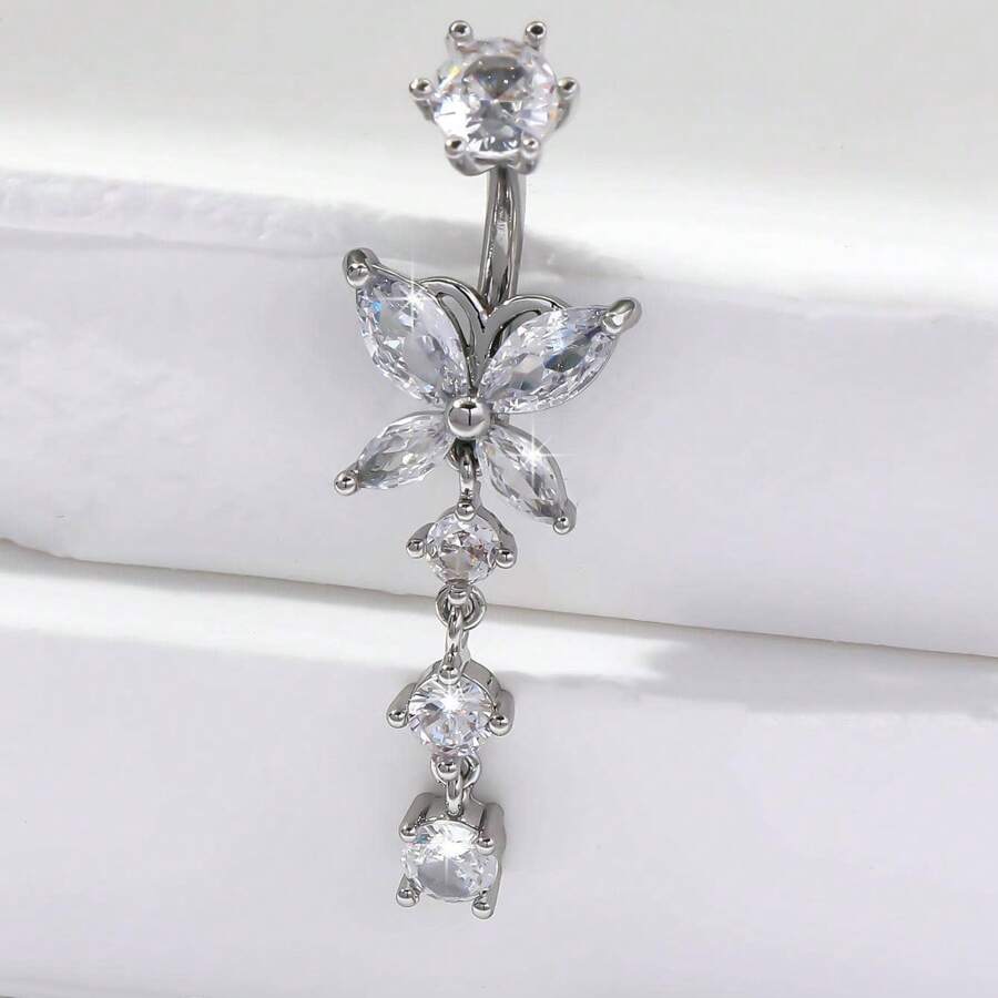 1 Pc Copper Material Butterfly Style Long Navel Ring, Silver Zirconia Inlaid