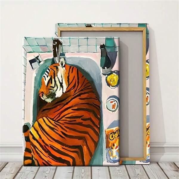 1pc Sleeping Tiger Canvas Art - Dreamy Orange Tiger Bath Bucket And Champagne Potato Chips, Vintage Wall Decoration, Suitable For Living Room, Bedroom Or Office, Indoor Use Modern Frameless Wall Arts Posters