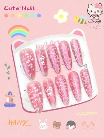 Sanrio Cute Nail Art 10pcs/Set Cute Handmade Nails Almond Nail Clippers Square Nail Clippers French Nails - Cute Cartoon Series False Nails Short Nails | Japanese Handmade Pressed Nails Suitable For Meeting And Professional Dressing Holiday Decoration Holiday False Nails 1pc Mini Nail File And 1pc Adhesive Label Gift For Women And Girls