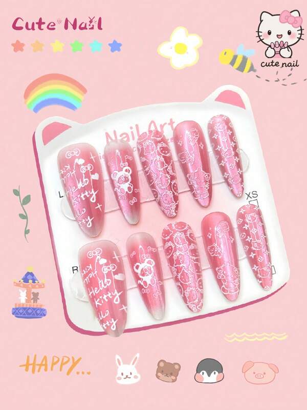 Sanrio Cute Nail Art 10pcs/Set Cute Handmade Nails Almond Nail Clippers Square Nail Clippers French Nails - Cute Cartoon Series False Nails Short Nails | Japanese Handmade Pressed Nails Suitable For Meeting And Professional Dressing Holiday Decoration Holiday False Nails 1pc Mini Nail File And 1pc Adhesive Label Gift For Women And Girls