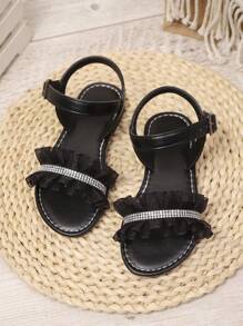 1 Pair Plus Size Black Shiny PU Strap Rhinestone Decor Flat Sandals For Teenage Girls, Round Toe Comfortable Non-Slip Beach Summer Shoes, Suitable For 3-15 Years Old Girls, Casual/Party/Vacation